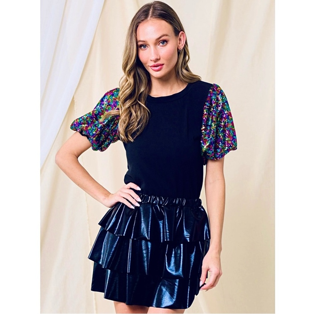 BOUTIQUE Elliana Black Multi Color Rainbow Sequin Puff Sleeve Fitted Top XL - Picture 10 of 12